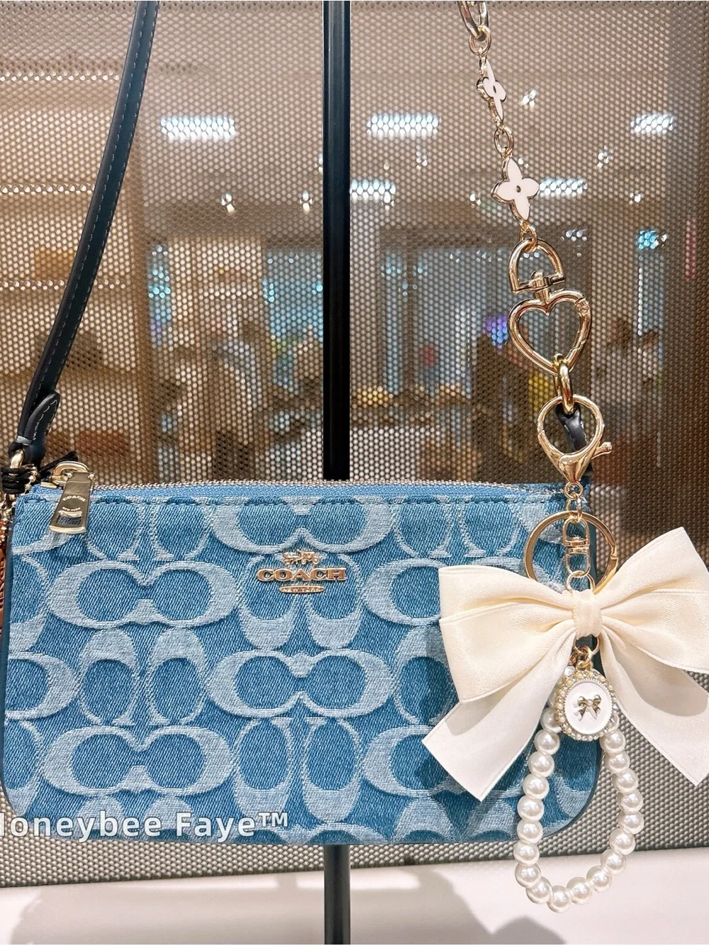 Coach Nolita 19 Light Blue Signature Denim Wristlet with free Pearl Bow Charm
